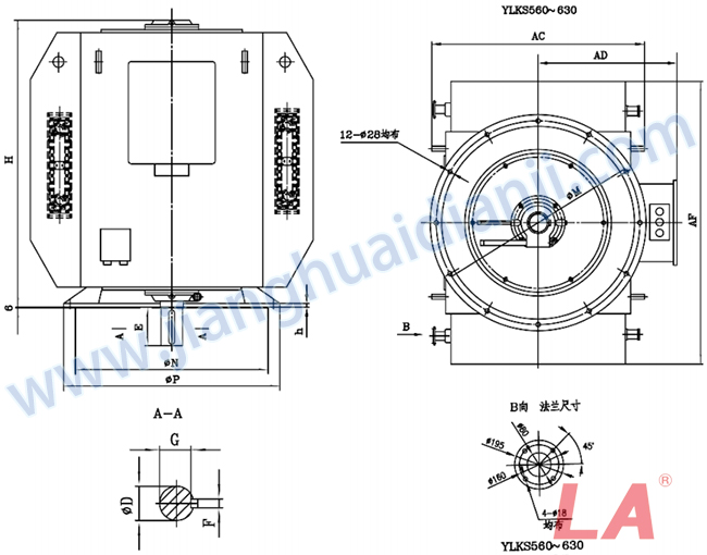 YLKS系列高壓立式三相異步電動(dòng)機外形及安裝尺寸圖(YLKS450-630 IP23 10KV) - 六安江淮電機有限公司